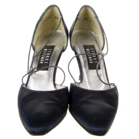 VTG 90s STUART WEITZMAN 7.5 Crystal Embellished Satin D'Orsay Black Satin Pumps - Picture 3 of 6